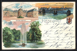 Lithographie Düsseldorf, Schloss Jägerhof, Jägerhof-Allee Mit Rundem Weiher, Neue Rheinbrücke  - Duesseldorf