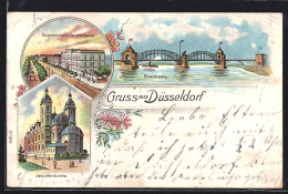 Lithographie Düsseldorf, Rheinbrücke, Hauptpostamt-Haroldstrasse Und Jesuitenkirche  - Duesseldorf