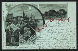 Lithographie Düsseldorf, Rhein-Werft, Central Bahnhof, Denkmal Der 39er, Krieger-Denkmal  - Düsseldorf