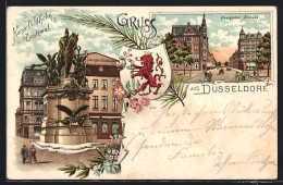 Lithographie Düsseldorf, Kaiser Wilhelm Denkmal, Elberfelder Strasse, Wappen  - Düsseldorf