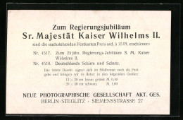 Vertreterkarte Berlin, Neue Photographische Gesellschaft A. G., Siemensstr. 27, Zum Regierungsjubiläum Wilhelm II  - Non Classés