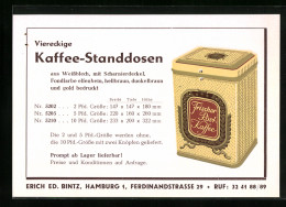 Vertreterkarte Hamburg, Erich Ed. Bintz, Ferdinandstrasse 29, Viereckige Kaffee-Standdosen  - Unclassified