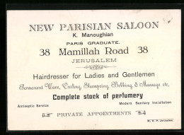 Vertreterkarte Jerusalem, New Parisian Saloon, K. Manoughain, 38 Mamillah Road, Hairdresser For Ladies And Gentleman  - Sin Clasificación