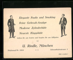 Vertreterkarte München, U. Rindle, Elegante Fracks Und Smoking, Gehröcke, Zylinderhüte, Klapphüte  - Unclassified