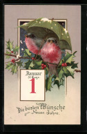 Künstler-AK Zwei Rotkehlchen Mit Kalenderblatt 1. Januar  - Oiseaux
