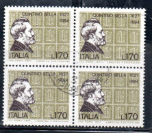 ITALIA REPUBBLICA ITALY REPUBLIC 1977 ANNIVERSARIO NASCITA QUINTINO SELLA LIRE 170 QUARTINA BLOCK USATO USED OBLITERE' - 1971-80: Oblitérés