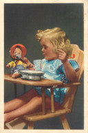 Children Scenes Greetings Postcard Belgium Blonde Girl Feeding Puppet Doll - Scenes & Landscapes