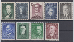 Austria Famous People 1952-1960 MNH. 9 Single Stamps - Neufs