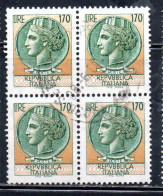 ITALIA REPUBBLICA ITALY REPUBLIC 1977 TURRITA SIRACUSANA LIRE 170 QUARTINA BLOCK USATO USED OBLITERE' - 1971-80: Used