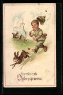 AK Herzlichste Ostergrüsse, Osterhase Und Kleiner Feldgrauer  - Guerra 1914-18