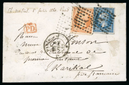 1860, Lettre De Paris Pour Karikal (Inde), Affranchissement à 60c Réalisé Avec Napoléon 20c Bleu YT N° 14 - 1849-1876: Période Classique