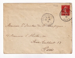 Lettre 1913 Entier Postal Semeuse 10 Centimes Douai Nord Gare Assurance Abeille - Enveloppes Types Et TSC (avant 1995)