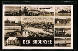 AK Friedrichshafen, Zeppelin über Dem Bodensee, Wasserburg, Insel Mainau, Reichsadler Mit   - Airships