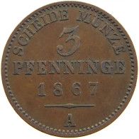 GERMAN STATES 3 PFENNIG 1867 A BRANDENBURG PREUSSEN #s112 0181 - Piccole Monete & Altre Suddivisioni