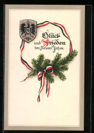 AK Glück Und Frieden Im Neuen Jahre, Preuss. Wappen Und Deutsches Band  - Guerre 1914-18