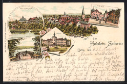 Lithographie Eutin, Schloss, Ukiel-See, Voss-Haus, Hotel Holsteinische Schweiz Um 1900  - Eutin