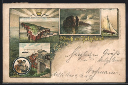 Lithographie Helgoland, Nordspitze, Segelfahrt, Aufzug  - Helgoland