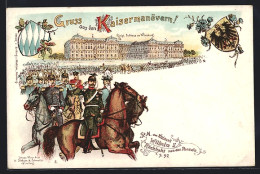 Lithographie Würzburg, Königliches Schloss, Wappen, Kaisermanöver  - War 1914-18