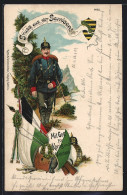 AK Gruss Von Der Garnison, Soldat Mit Rüstzeug, Flaggen, Waffen Und Pickelhaube  - Regiments