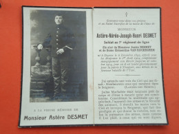 Oorlogsslachtoffer Astère Desmet Né à Deynze 1892 Décédé Tombé La Patrie à Nieuwport 1914  (2scans) - Godsdienst & Esoterisme