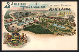 Lithographie Leipzig, Sächsisch-Thüringische Industrie & Gewerbe-Ausstellung 1897, Ausstellungsgelände Mit Wappen  - Expositions