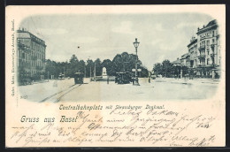 AK Basel, Centralbahnplatz Mit Strassburger Denkmal, Strassenbahn  - Tramways