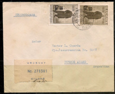 URUGUAY - 1958 - VARIETY - Yv. 645 VF REGISTERED COVER To ARGENTINA With 2 Stamps - Differente Colors: Brun-noir  / Grey - Uruguay