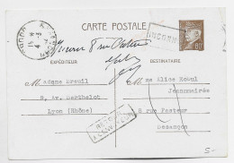 ENTIER PETAIN  80C CP ANNULATION RECTANGLE INCONNU  ECRITE DE LYON 1942 POUR BESANCON DOUBS - Standard Postcards & Stamped On Demand (before 1995)