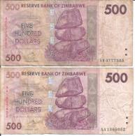 2 ZIMBABWE 500 DOLLARS 2007 (2008) - Zimbabwe