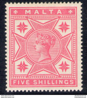 1886 MALTA - Effigie Della Regina Vittoria - 5 Scellini Rosa N° 30 S.G. - MLH* - Otros & Sin Clasificación