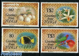 Tonga 1992 Christmas 4v, Mint NH, Nature - Religion - Birds - Fish - Orchids - Parrots - Christmas - Peces