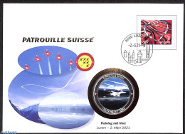 Switzerland 2021 Patrouilles Suisse Special Cover With Token (numisbrief), Postal History, Transport - Aircraft & Avia.. - Brieven En Documenten