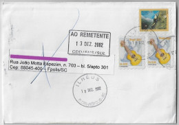 Brazil 2002 Returned To Sender Cover From Florianópolis Agency Ilhéus Stamp Mountaineering + Musical String Instrument - Lettres & Documents