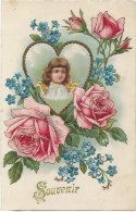 4282- Fillette Dans Un Coeur Entouré De Roses " En Relief" - Kindertekeningen