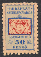 1945 - 1946 Hungary - BUDAPEST City Local ( Sales Tax ) Revenue Fiscal Stamp - 50 P - Used - Fiscales