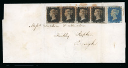 1840 1d Black Pl.6 RI-RL Horizontal Strip Four And 1840 2d Blue KA On Entire From York To Kirkby Stephen - Sammlungen