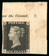 1840 1d. Black Pl.8 AL Corner Marginal Example Showing Part Inscription "ove The Cement" And Plate Number "2" - Sammlungen