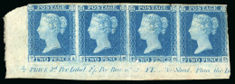 1841 2d Blue Pl.4 TA-TD, State 2, Mint And Used Horizontal Strips Of Four From The Lower-left Corner Of The Sheet - Collections