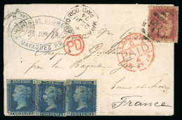 1874 GB Used Abroad, Letter From Mayaguez, Porto Rico, To France, Bearing 1864 1d Red Plate 171 And 2d - Collections