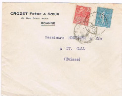 42 ROANNE Cachet Manuel Enveloppe Commerciale Crozet Pour La Suisse YT205 &272 Semeuse & Expo Coloniale 412 - 1877-1920: Semi Modern Period