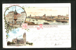 Lithographie Magdeburg, Teilansicht, Kaiser Otto Denkmal, Dom  - Magdeburg