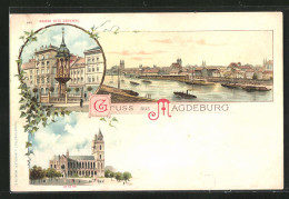 Lithographie Magdeburg, Teilansicht, Kaiser Otto Denkmal, Dom  - Magdeburg