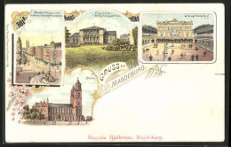 Lithographie Magdeburg, Friedrich-Wilhelmsgarten, Hauptbahnhof, Dom  - Magdeburg