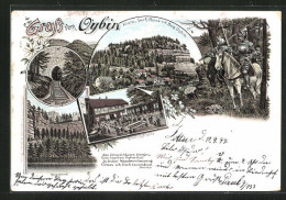 Lithographie Oybin, Kirche, Dorf, Ruine Und Burg, Burgthor, Gesellschaftsplatz  - Oybin