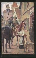 Künstler-AK Ein Trunk Im Bügel, Zwei Kavalleristen Machen Rast Vor Einem Gasthaus  - War 1914-18