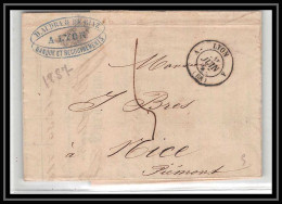 1445 Rhone Marque Postale Lyon A Pour NICE Piemont 21/6/1857 LAC Lettre Cover France - 1849-1876: Classic Period