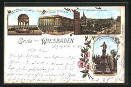 Lithographie Wiesbaden, Tempel Auf Dem Neroberg, Königl. Schloss Und Kochbrunnenplatz  - Wiesbaden