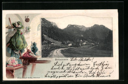 Passepartout-Lithographie Birkenstein, Strassenpartie Vorm Dorf, Bergsteiger-Ausrüstung  - Other & Unclassified