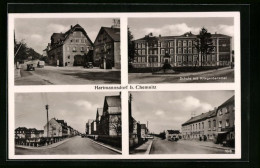 AK Hartmannsdorf B. Chemnitz, Schule Mit Kriegerdenkmal, Strassenansichten  - Hartmannsdorf