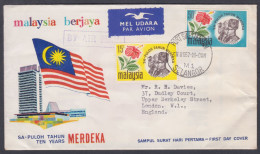 Malaysia 1967 FDC Independence Day, Flag, Flags, Flower, Flora, Airmail, First Day Cover - Malaysia (1964-...)